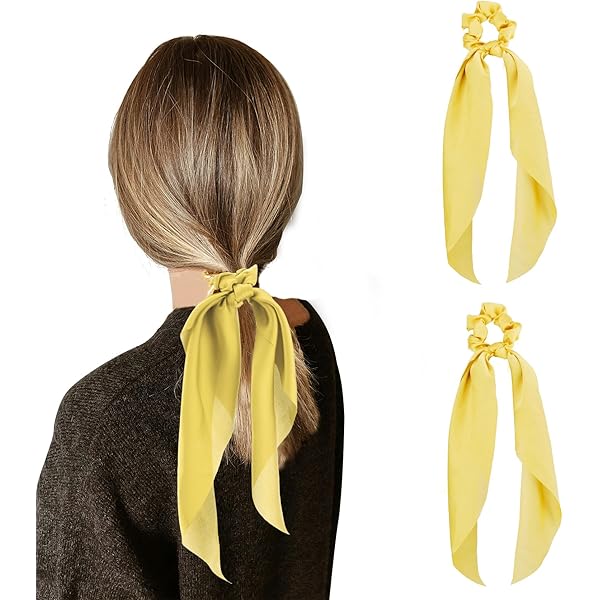 Amazon | リボン付きシルクシュシュ - 女性用イエローヘアアクセサリー